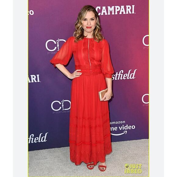 COSTARELLOS Red Scalloped Lace-Trim Maxi Dress Silk Gown Embroidered 36 4 S - Picture 5 of 10